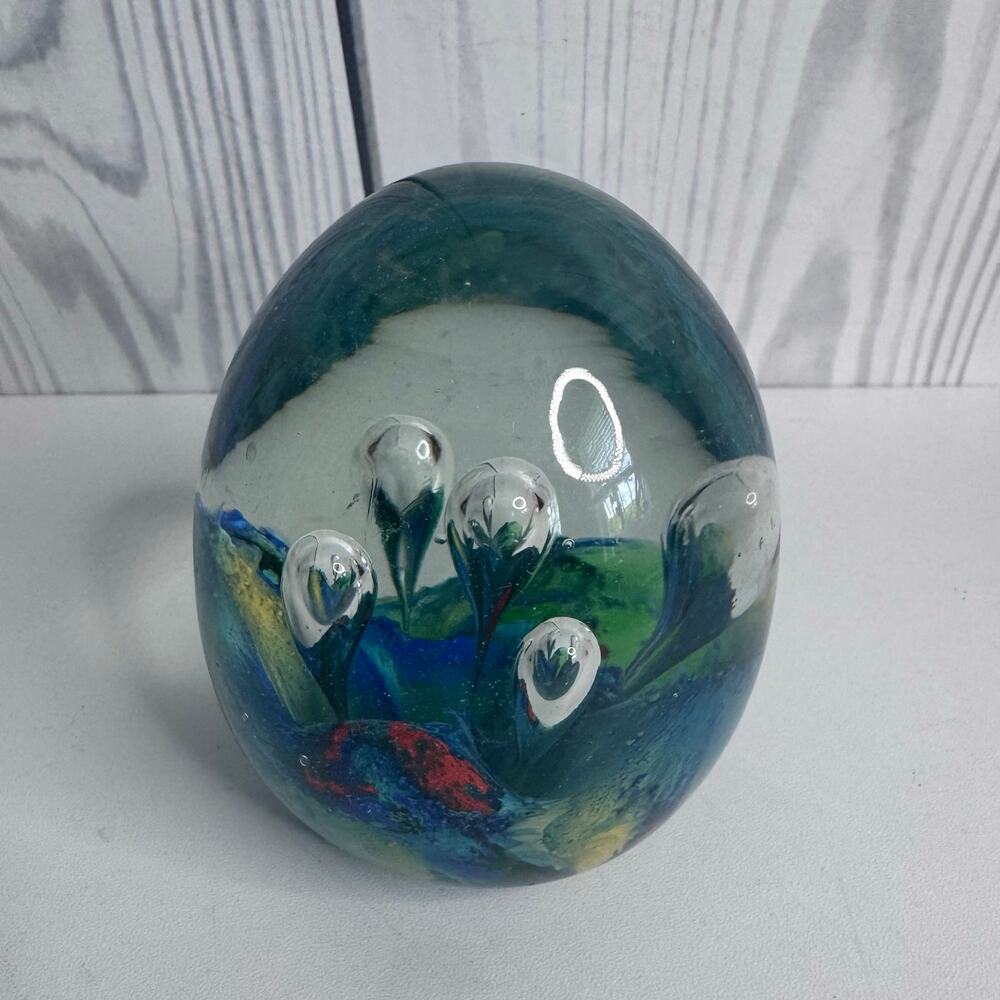 Vintage. Art Glass Multi-color Trapped Bubble Paperweight Ocean